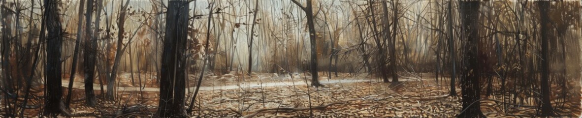 A detailed painting featuring lush trees and vibrant leaves in a dense forest setting.