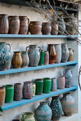 Fototapeta premium Artfully crafted pottery pieces adorn blue shelves, showcasing a rich variety of glazes and hand-painted designs. Each piece echoes the traditional artistry of ceramics.
