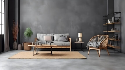 Modern living room interior composition with grey modern sofa,  wooden , folding screen and modern Home  ai generated