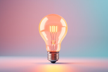 Incandescent bulb glows against serene gradient hues. Concept: symbolizing bright ideas in creative and innovative discussions, with ample copy space.