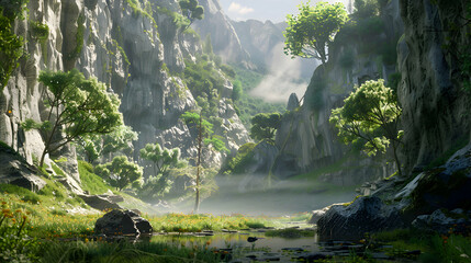 A tranquil glade nestled beneath towering cliffs and crags