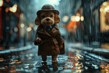 Detective Dog in Coat and Hat in Rainy City
