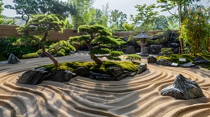 Zelfklevend Fotobehang A tranquil Japanese garden with meticulously raked sand and bonsai trees © Muhammad