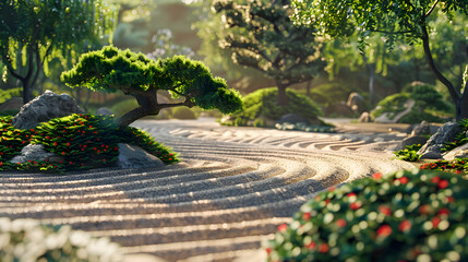 A tranquil Japanese garden with meticulously raked sand and bonsai trees - obrazy, fototapety, plakaty