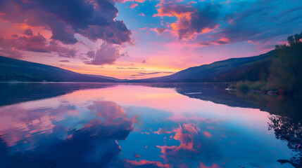 A tranquil lake reflecting the vibrant hues of a summer sunset