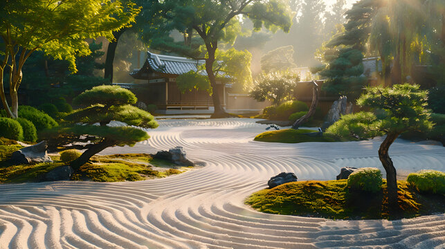 A tranquil Japanese garden with meticulously raked sand and bonsai trees