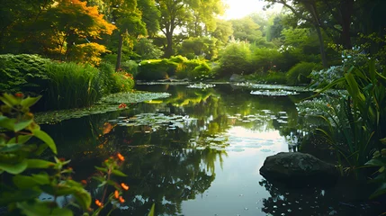 Crédence de cuisine en verre imprimé Réflexion A tranquil pond reflecting the beauty of surrounding botanical wonders