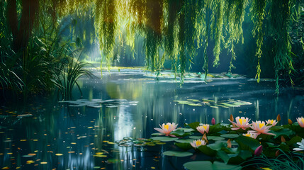 A tranquil pond surrounded by weeping willows and fragrant water lilies - obrazy, fototapety, plakaty
