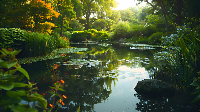 A tranquil pond reflecting the beauty of surrounding botanical wonders