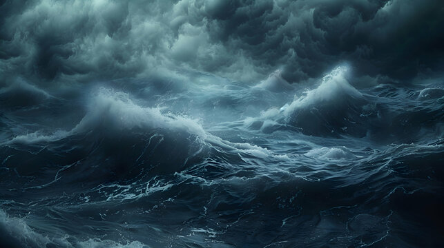 A turbulent sea churns beneath dark, roiling clouds