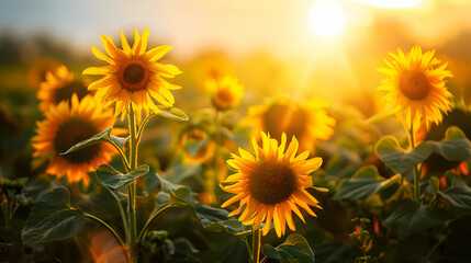 A vibrant field of sunflowers basking in golden sunlight - obrazy, fototapety, plakaty