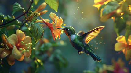A vibrant hummingbird sipping nectar from a blooming flower - obrazy, fototapety, plakaty
