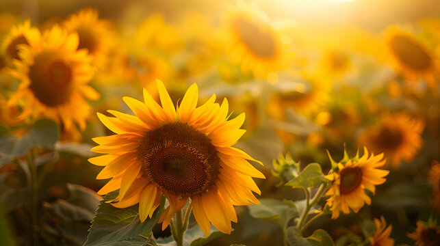 A vibrant field of sunflowers basking in golden sunlight