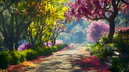 A winding path bordered by colorful blossoms and lush greenery