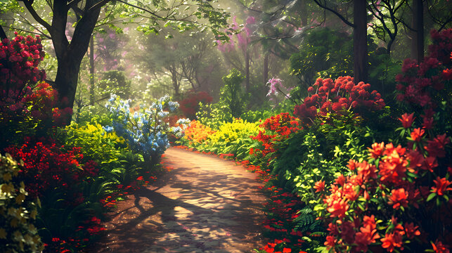 A winding path bordered by colorful blossoms and lush greenery