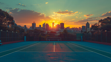 tennis court at sunset wide-angle view