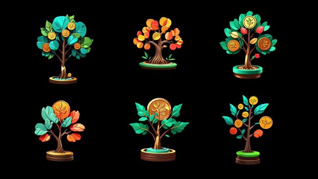 Black screen overlay animation icon, six different stylized trees with colorful leaves and fruits, set against a black background.