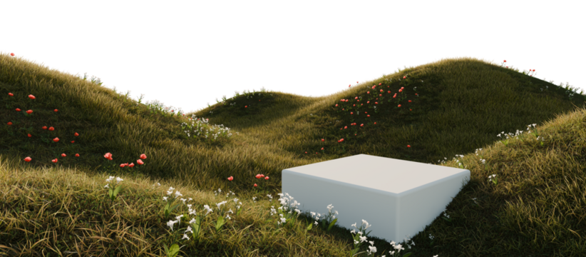 White Cube Amidst Blossoming Hills. 3D rendering.