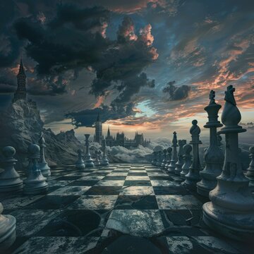 Surreal chessboard landscape with dramatic sky - A stunning image showing a chess game with a surreal landscape background under a dramatic cloud-filled sky representing strategy and imagination