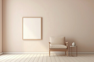 Fototapeta na wymiar Minimalist beige chair and blank frame on a soft-colored wall.