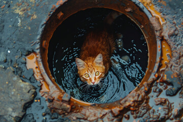 A ginger cat fell into the sewer, the cat fell into an open manhole on the street, save the animal