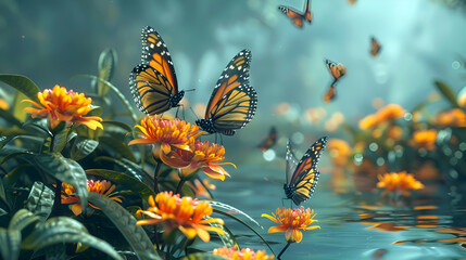 Butterflies fluttering among exotic flowers in a serene setting - obrazy, fototapety, plakaty