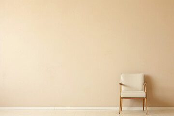 Minimalist beige chair and blank frame on a soft-colored wall.