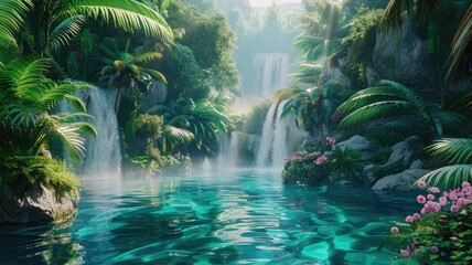 Lush jungle waterfall in a serene environment - This idyllic scene captures a majestic waterfall cascading into a tranquil tropical jungle pool, surrounded by lush green foliage and vibrant pink flowe