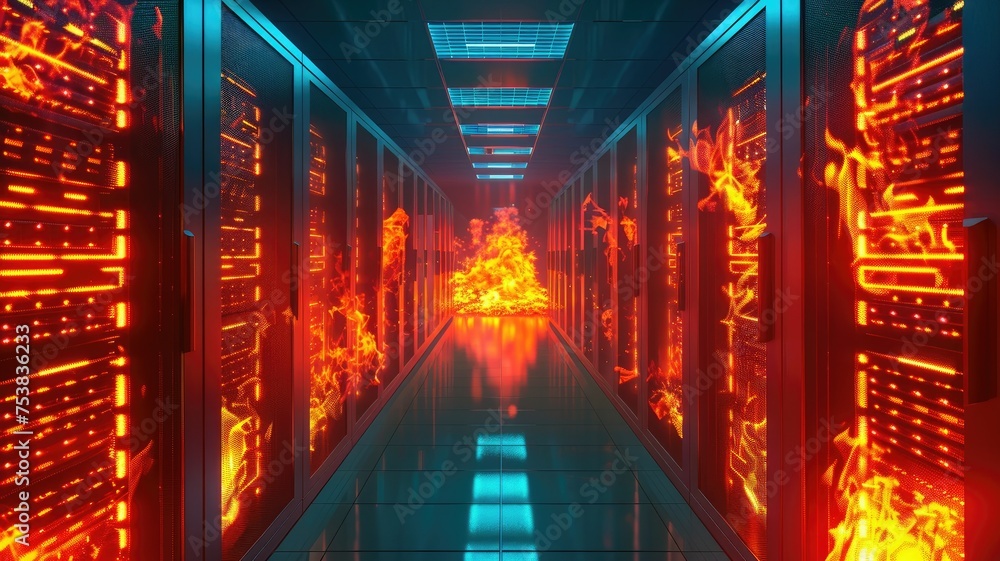 Poster red-toned server room with a fire emergency concept - a red-toned server room visualizing the concep
