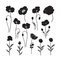 A black silhouette poppy flower set
