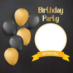 Happy Birthday Party Golden Balloons With Photo Frame in Black Background