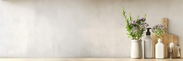 Rustic kitchenware and fresh flowers on table - A serene setup comprising flowers in a vase, wooden kitchen items against a textured backdrop, representing a cozy home environment