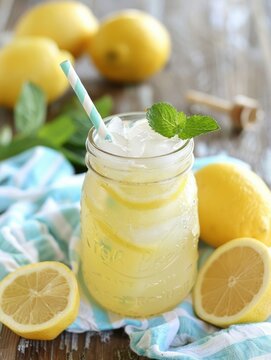 Refreshing lemonade in a mason jar with mint - Cold, refreshing lemonade in a mason jar garnished with mint leaves and served with a straw