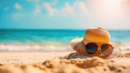 Fototapeta na wymiar Sunny beach with hat and sunglasses - A tranquil beach scene featuring a straw hat and sunglasses resting on the sand, evoking a relaxing summer day by the ocean