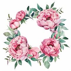 Elegant pink peonies watercolor with soft green leaves wreath isolated on white background