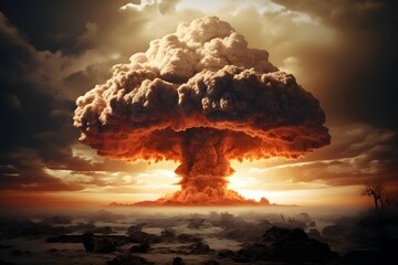 A nuclear explosion, the earth was burned all around. Nuclear explosion of an atom bomb with a mushroom cloud - obrazy, fototapety, plakaty