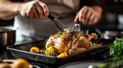 A chef basting a roasting chicken with herbs and butter