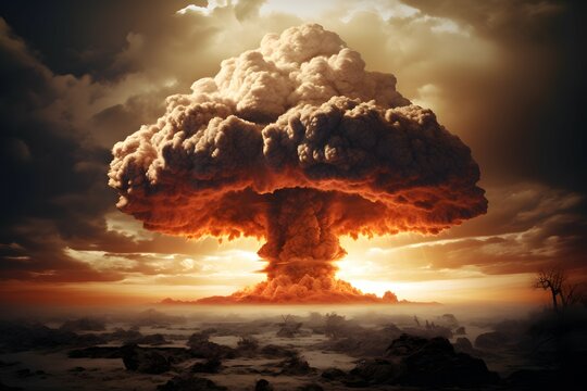 A nuclear explosion, the earth was burned all around. Nuclear explosion of an atom bomb with a mushroom cloud