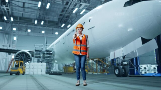 Full Body Of Asian Female Engineer With Safety Helmet Disapproving With No Index Finger Sign While Standing With Aircraft In The Hangar 