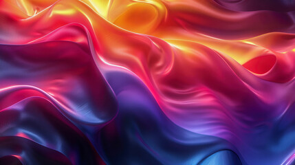 Abstract artwork liquid silk, 3D waves with smoothly blending rainbow colors, harmonious symphony of shades, fluid and organic shapes, fabulous atmosphere, digital illustration, modern, mesmerizing.
