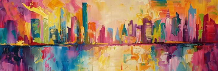 A colorful cityscape painting featuring bright hues and dynamic architectural details.