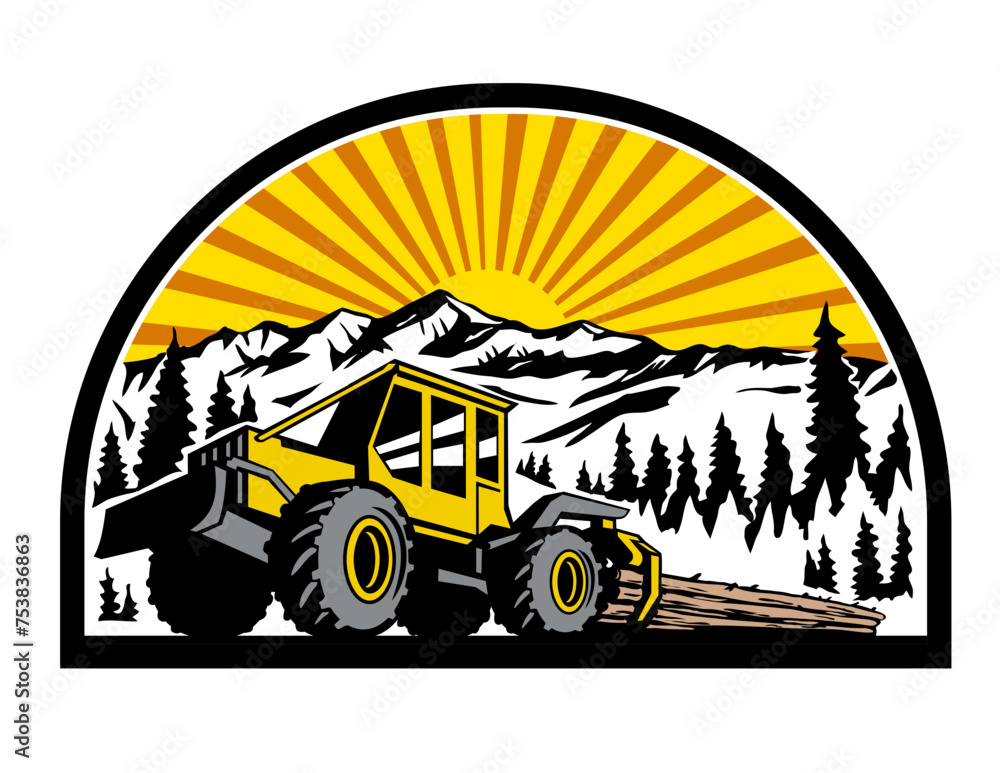 Poster retro style illustration of a cable skidder pulling a tree behind it with mountains, trees and fores
