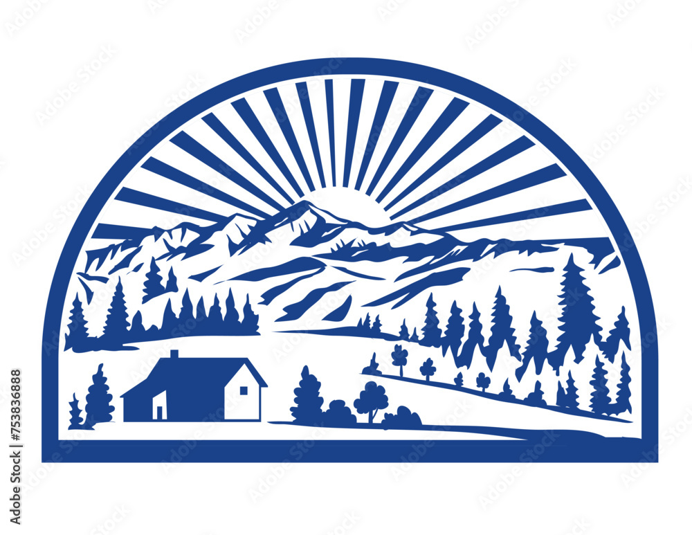 Poster retro style illustration of a remote alpine village or hamlet with valleys and mountain range and su