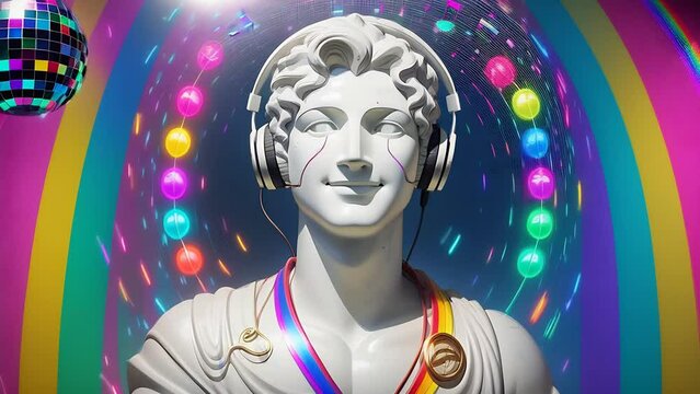 Greek Statue of Man Wearing Headphones With Disco Ball in Background Generative AI