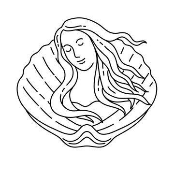 Mono line illustration of Venus, mermaid or siren with long flowing hair on clam shell viewed from front done in monoline line art style.
