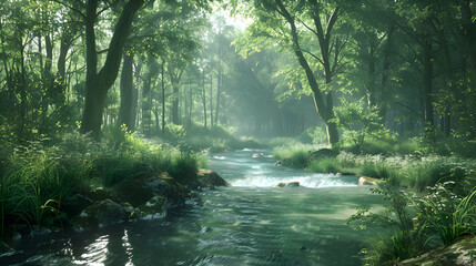 Fototapeta na wymiar Crystal-clear streams winding through dense, emerald forests