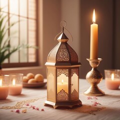 Ramadan Kareem greeting card. Traditional Arabic lantern with burning candle. Vintage style.