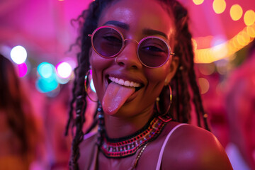 Joyful Woman Having Fun at Vibrant Night Party