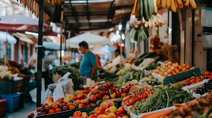 A bustling farmer's market with stalls overflowing with organic fruits and vegetables