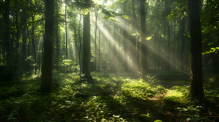 Obraz premium Dappled sunlight filtering through thick canopy onto forest floor
